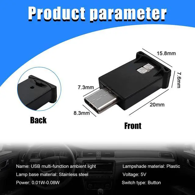 Alt view image 2 of 6 - 2 PCS USB Type C LED Ambient Light, 8 Colors RGB Dynamic Gradient Brightness Interior Atmosphere Lamp, Mini Adjustable Car Accessories Replace Lighting Parts for Home Laptop