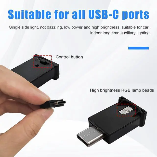 Alt view image 4 of 6 - 2 PCS USB Type C LED Ambient Light, 8 Colors RGB Dynamic Gradient Brightness Interior Atmosphere Lamp, Mini Adjustable Car Accessories Replace Lighting Parts for Home Laptop