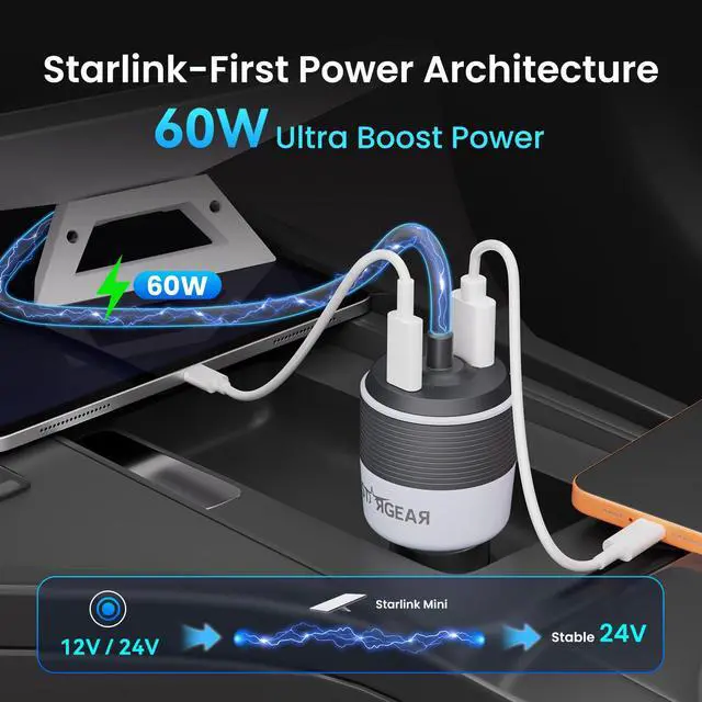 Alt view image 2 of 7 - Starlink Mini Car Adapter, 3-in-1 Car Charger for Starlink Mini,12V to 24V DC Step Up Converter with Dual USB Ports, Cigarette Lighter Adapter for Starlink Mini Power Supply,Ideal for RV,Boat