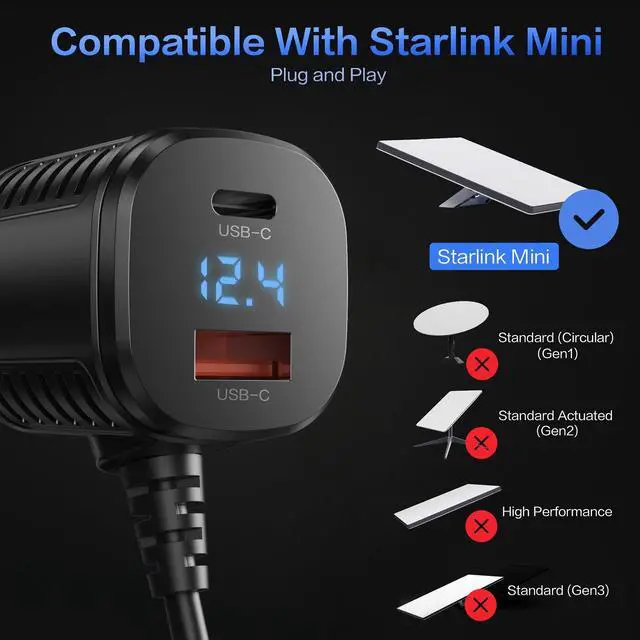 Alt view image 2 of 7 - Starlink Mini 3-in-1 Car Charger Power Cable 10FT 12V-48V DC