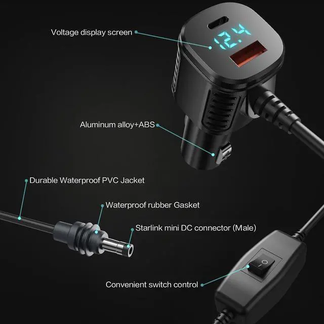 Alt view image 3 of 7 - Starlink Mini 3-in-1 Car Charger Power Cable 10FT 12V-48V DC