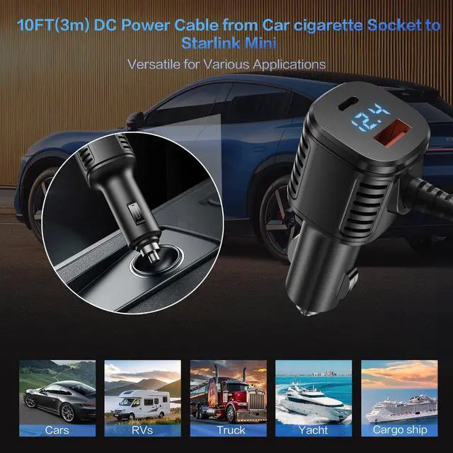 Alt view image 4 of 7 - Starlink Mini 3-in-1 Car Charger Power Cable 10FT 12V-48V DC