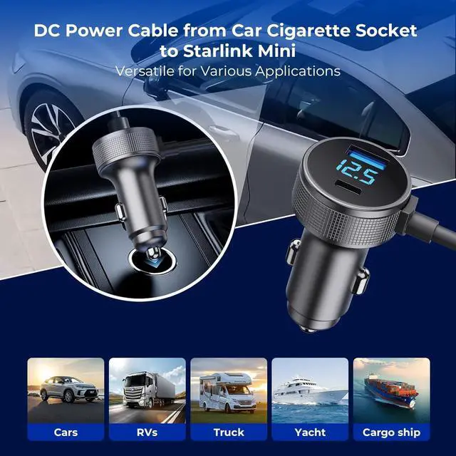 Alt view image 3 of 7 - Starlink Mini Cable, 3 in 1 Starlink Mini Car Charger DC Power Cable+ Cigarette Lighter Adapter 12V-48V with Digital Display, Durable USB C PD 40W and USB A 35W Ports for Trucks and Cars (13.1FT)