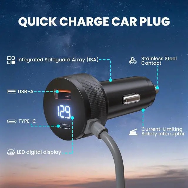 Alt view image 2 of 7 - Starlink Mini Car Charger with Digital Display & Dual USB Ports | 10FT 12V/24V Cigarette Lighter Adapter for Starlink Mini Power, USB-A & Type-C Port