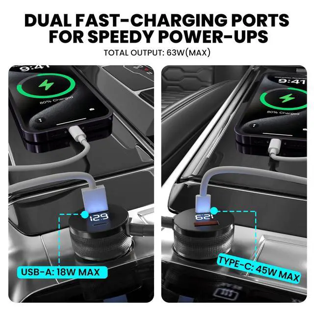 Alt view image 4 of 7 - Starlink Mini Car Charger with Digital Display & Dual USB Ports | 10FT 12V/24V Cigarette Lighter Adapter for Starlink Mini Power, USB-A & Type-C Port