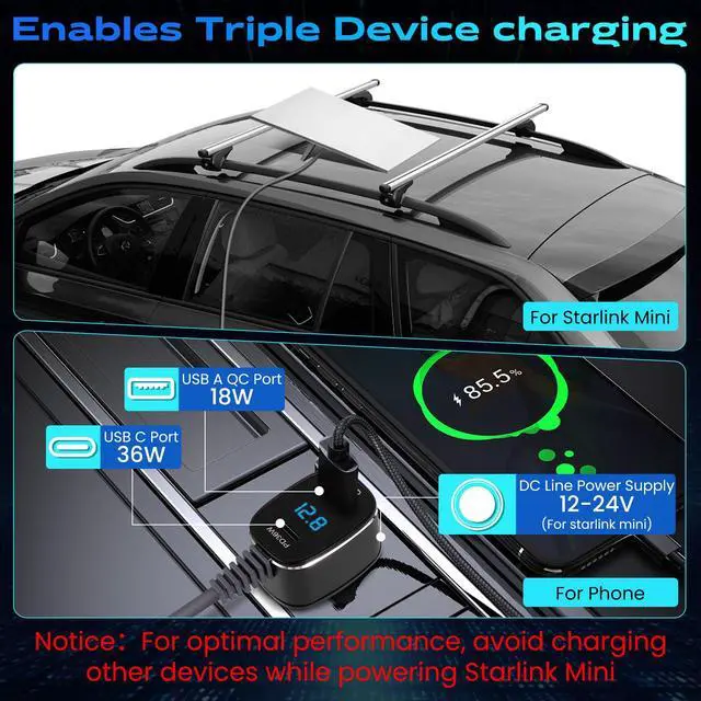 Alt view image 3 of 7 - Starlink Mini Car Charger Cable, 3-in-1 Cigarette Lighter Power Adapter with Digital Display, USB C PD 36W & USB A QC 18W Ports, 12V-24V Waterproof 18AWG DC Cable for Trucks, Cars, RVs, Boats (10FT)