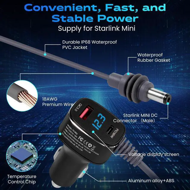 Alt view image 4 of 7 - Starlink Mini Car Charger Cable, 3-in-1 Cigarette Lighter Power Adapter with Digital Display, USB C PD 36W & USB A QC 18W Ports, 12V-24V Waterproof 18AWG DC Cable for Trucks, Cars, RVs, Boats (10FT)