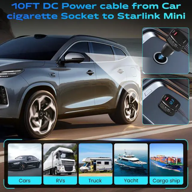 Alt view image 7 of 7 - Starlink Mini Car Charger Cable, 3-in-1 Cigarette Lighter Power Adapter with Digital Display, USB C PD 36W & USB A QC 18W Ports, 12V-24V Waterproof 18AWG DC Cable for Trucks, Cars, RVs, Boats (10FT)