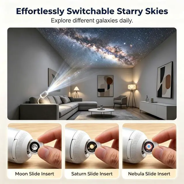 Alt view image 3 of 5 - 2-in-1 Galaxy Projector Night Light, Portable Galaxy Projector for Bedroom with 24 Sliding Projection Films, USB Starry Night Light, Mini LED Wall Lamp for Indoor Decor