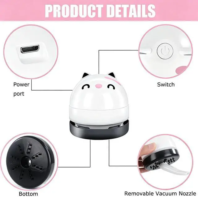 Alt view image 6 of 7 - Mini Desktop Vacuum Cleaner, Portable USB Vacuum Cleaner for Desk Mini Cute Cartoon Desktop Vacuum for Cleaning Eraser Crumbs, Dust, Crumbs, Computer, Keyboard and Car (White)