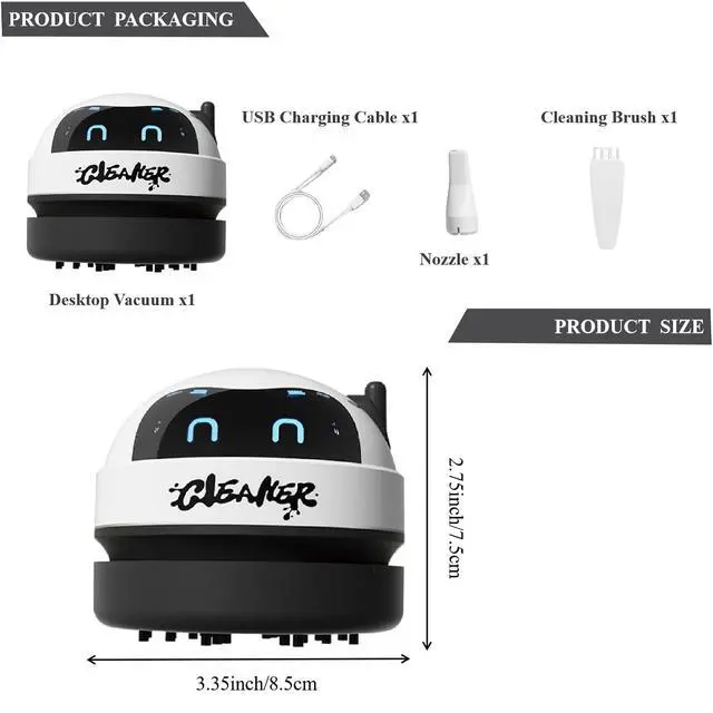 Alt view image 7 of 7 - Desktop Vacuum Cleaner, Robot Design USB Rechargeable Cordless Mini Vacuum with 3-Speed Adjustment, LED Display & Detachable Nozzle for Home, Office, Car, Keyboard and Desk Cleaning,Black