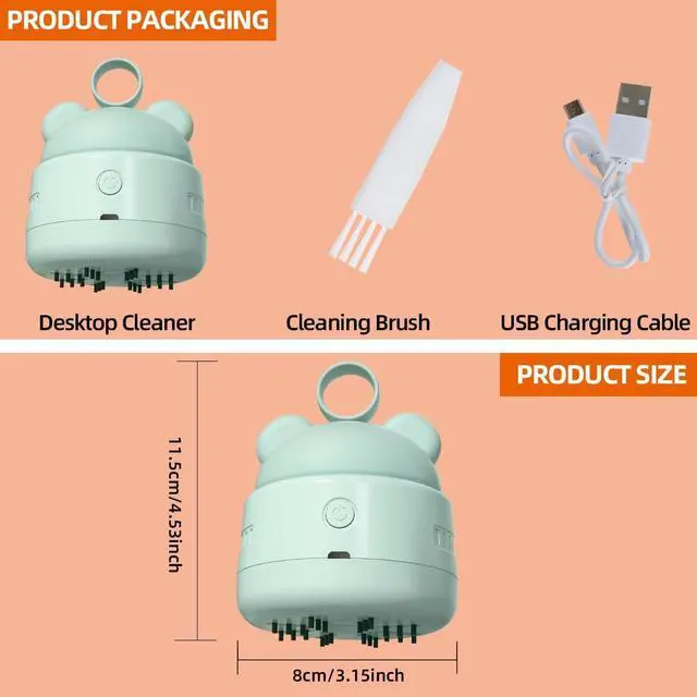 Alt view image 3 of 7 - Mini Desktop Vacuum Cleaner with USB Charging, Cleaning Brush, Bear Head Ring for Easy Grip, 360° Swivel Portable Vacuum Cleaner for Keyboards Office Desks and Other Dusty Debris