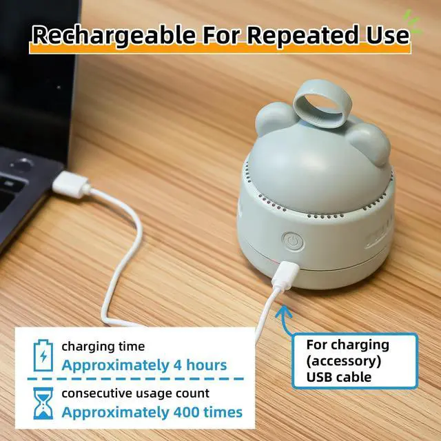 Alt view image 4 of 7 - Mini Desktop Vacuum Cleaner with USB Charging, Cleaning Brush, Bear Head Ring for Easy Grip, 360° Swivel Portable Vacuum Cleaner for Keyboards Office Desks and Other Dusty Debris