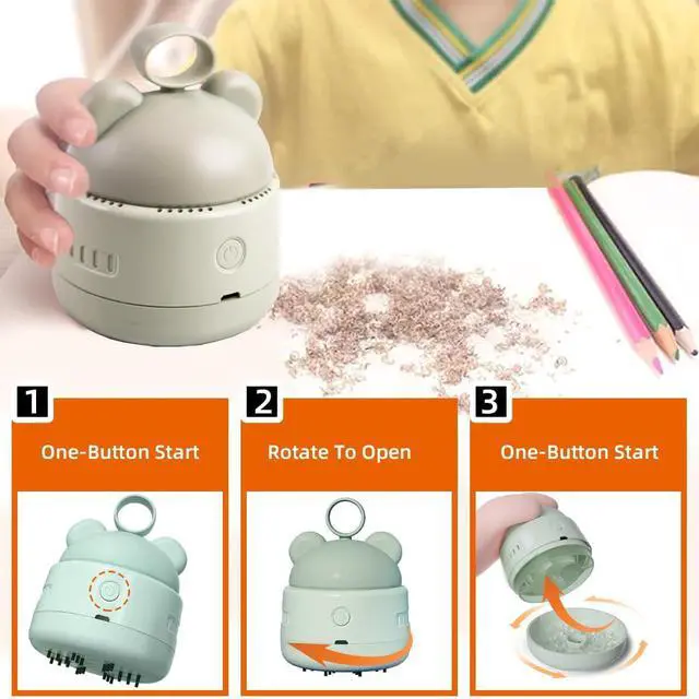 Alt view image 5 of 7 - Mini Desktop Vacuum Cleaner with USB Charging, Cleaning Brush, Bear Head Ring for Easy Grip, 360° Swivel Portable Vacuum Cleaner for Keyboards Office Desks and Other Dusty Debris