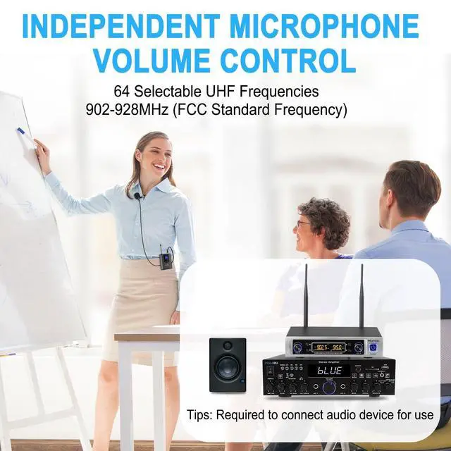 Alt view image 2 of 7 - UHF Wireless Microphone System with Dual Lapel/Lavalier and Headset Microphones Over PA, Mixer, Speaker, Karaoke Machine for Church, Training, Classroom, Interview (H-K25)