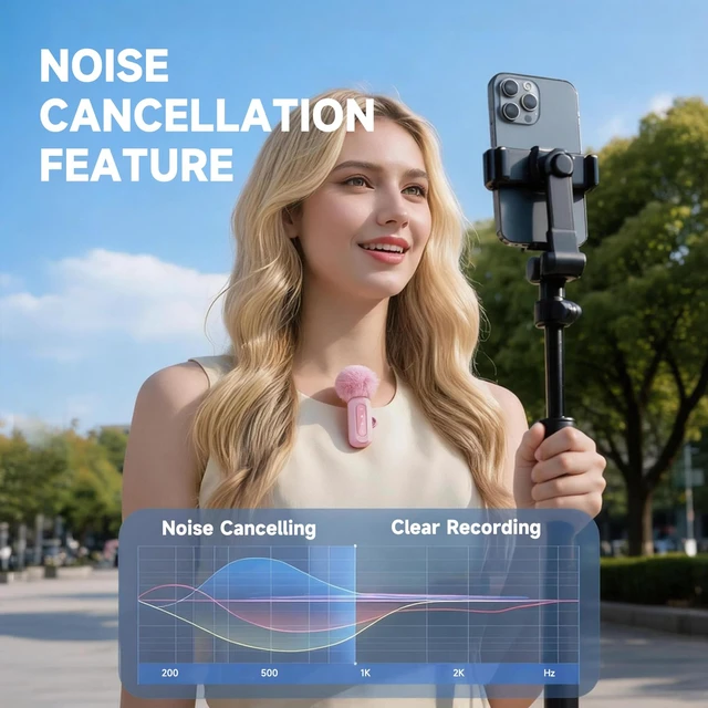 Alt view image 3 of 6 - J3 Lavalier Microphone Wireless Mini Mic for iPhone Android/Tablet/PC Video Recording Clip-on Mics with DSP Noise Cancellation, Ideal for Vlog Tiktok YouTube Content Creator-Pink