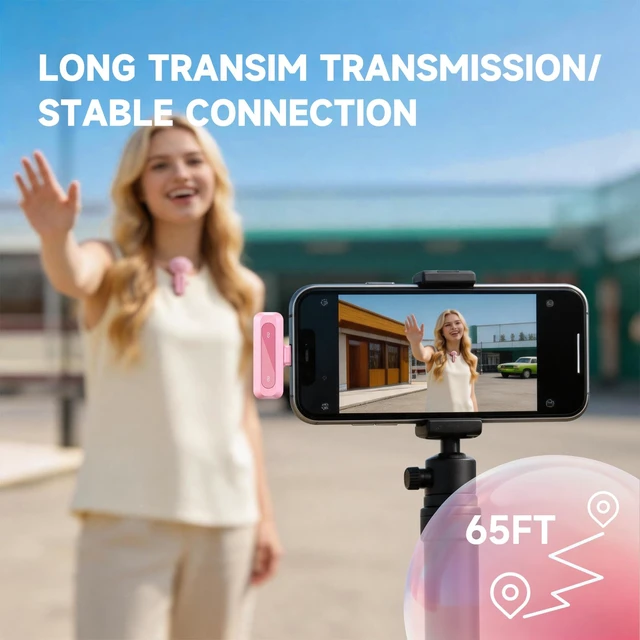 Alt view image 4 of 6 - J3 Lavalier Microphone Wireless Mini Mic for iPhone Android/Tablet/PC Video Recording Clip-on Mics with DSP Noise Cancellation, Ideal for Vlog Tiktok YouTube Content Creator-Pink