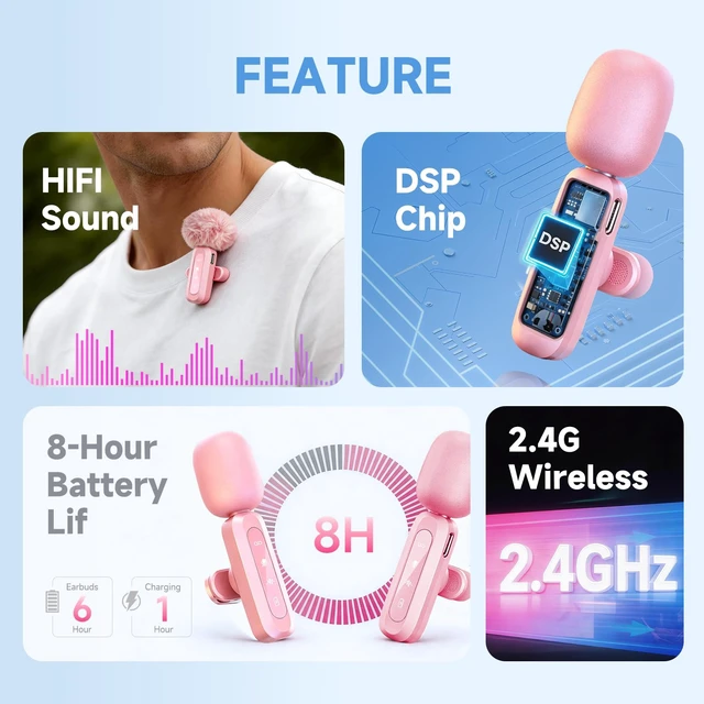 Alt view image 5 of 6 - J3 Lavalier Microphone Wireless Mini Mic for iPhone Android/Tablet/PC Video Recording Clip-on Mics with DSP Noise Cancellation, Ideal for Vlog Tiktok YouTube Content Creator-Pink