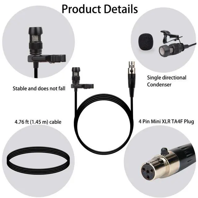 Alt view image 3 of 7 - Lavalier Microphone Lapel Microphone, Heart Shaped Directional Condenser mic Compatible with Shure Wireless Bodypack Transmitter, with 1.45m Cable Mini XLR 4 Pin TA4F Plug