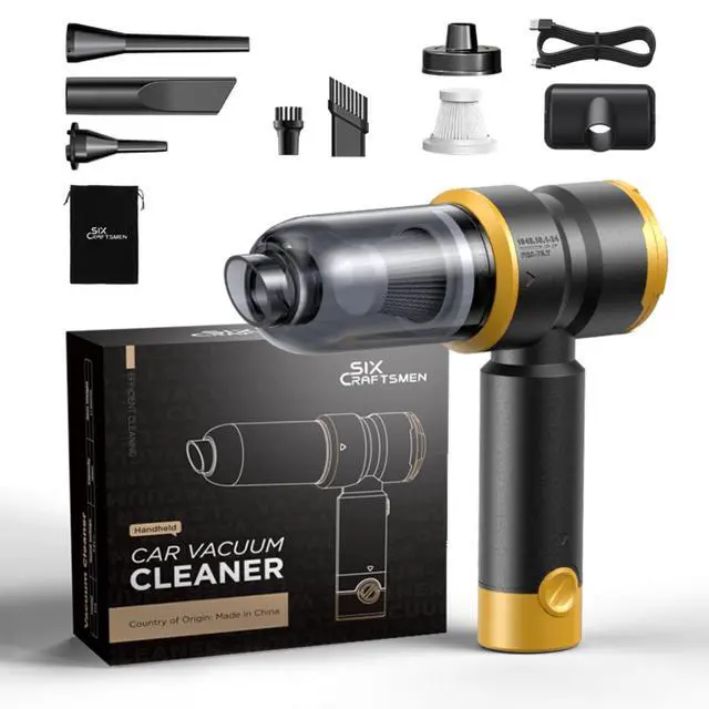 Main image of Handheld Car Vacuum Cleaner, 4-in-1 Cordless Rechargeable Mini Vacuum with Air Duster Quickly Clean Crumbs, Pet Hair & Crevices in Car, Office, Home. Ideal for Commuters & Office Workers (Gold)