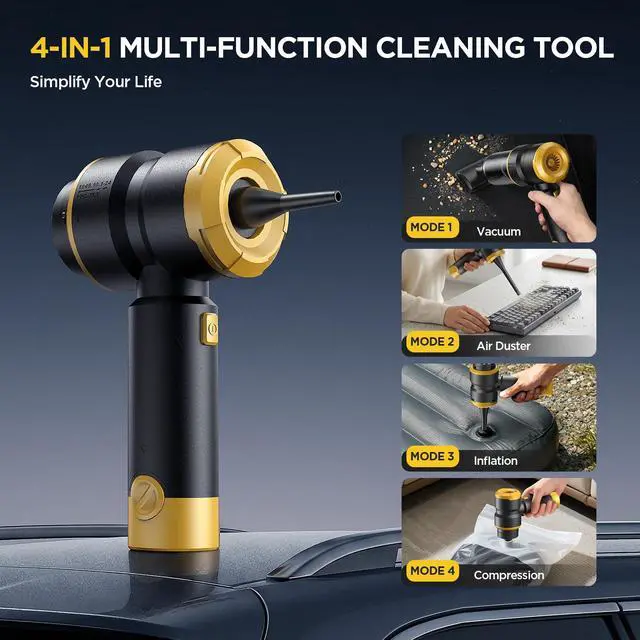 Alt view image 3 of 7 - Handheld Car Vacuum Cleaner, 4-in-1 Cordless Rechargeable Mini Vacuum with Air Duster Quickly Clean Crumbs, Pet Hair & Crevices in Car, Office, Home. Ideal for Commuters & Office Workers (Gold)