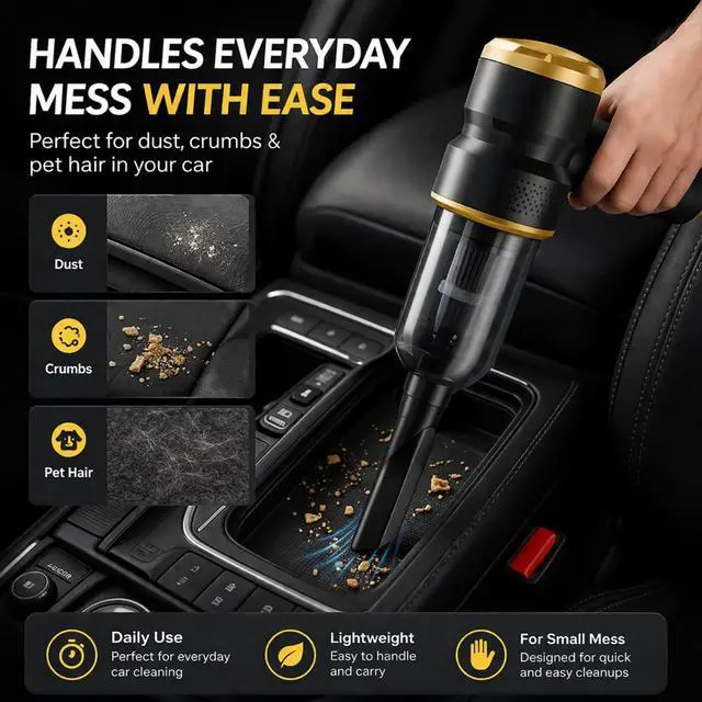 Alt view image 2 of 7 - Handheld Car Vacuum Cleaner, 4-in-1 Cordless Rechargeable Mini Vacuum with Air Duster Quickly Clean Crumbs, Pet Hair & Crevices in Car, Office, Home. Ideal for Commuters & Office Workers (Gold)