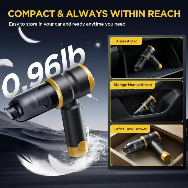 Alt view image 5 of 7 - Handheld Car Vacuum Cleaner, 4-in-1 Cordless Rechargeable Mini Vacuum with Air Duster Quickly Clean Crumbs, Pet Hair & Crevices in Car, Office, Home. Ideal for Commuters & Office Workers (Gold)