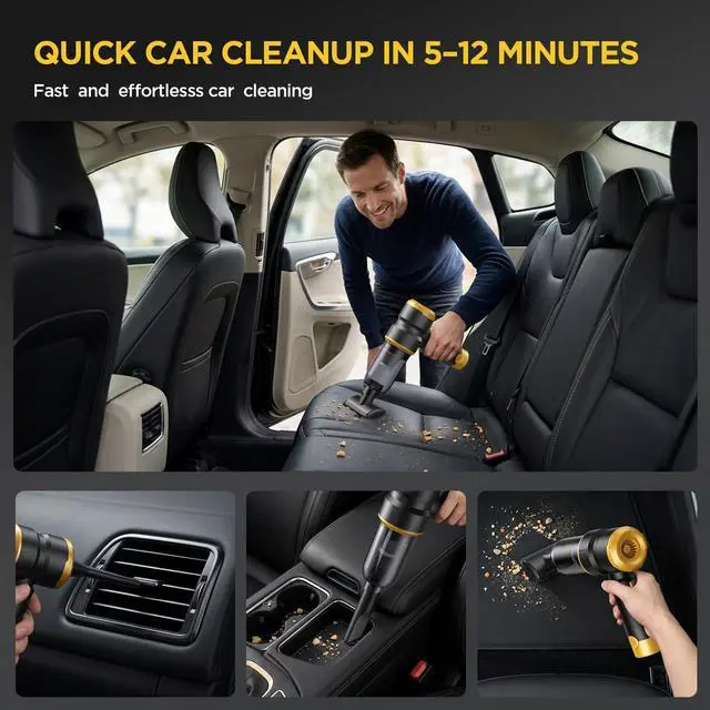 Alt view image 4 of 7 - Handheld Car Vacuum Cleaner, 4-in-1 Cordless Rechargeable Mini Vacuum with Air Duster Quickly Clean Crumbs, Pet Hair & Crevices in Car, Office, Home. Ideal for Commuters & Office Workers (Gold)