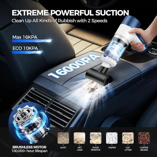 Alt view image 2 of 7 - Car Vacuum/Air Duster Portable Cordless - 16000PA High Power Handheld Vacuum with 85,000RPM Brushless Motor, 4-in-1 Rechargeable Mini Vacuum & Blower & Pump for Car Detailing, Home, Office, Pet Hair