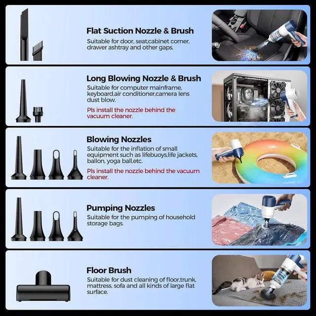 Alt view image 4 of 7 - Car Vacuum/Air Duster Portable Cordless - 16000PA High Power Handheld Vacuum with 85,000RPM Brushless Motor, 4-in-1 Rechargeable Mini Vacuum & Blower & Pump for Car Detailing, Home, Office, Pet Hair