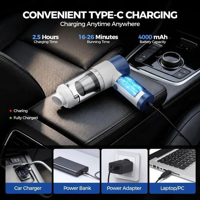 Alt view image 5 of 7 - Car Vacuum/Air Duster Portable Cordless - 16000PA High Power Handheld Vacuum with 85,000RPM Brushless Motor, 4-in-1 Rechargeable Mini Vacuum & Blower & Pump for Car Detailing, Home, Office, Pet Hair