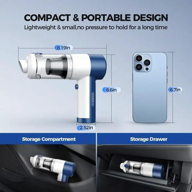 Alt view image 7 of 7 - Car Vacuum/Air Duster Portable Cordless - 16000PA High Power Handheld Vacuum with 85,000RPM Brushless Motor, 4-in-1 Rechargeable Mini Vacuum & Blower & Pump for Car Detailing, Home, Office, Pet Hair