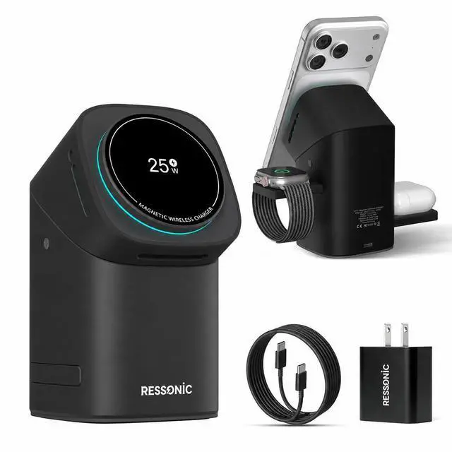 Main image of 3 in 1 Wireless Charging Station for Apple & Samsung, 25W Fast Magnetic Wireless Charger Stand for Magsafe iPhone 17/16/15/14/13/12 Pro Max, Galaxy S25/24/23/22, AirPods, iWatch (with 45W Adapter)