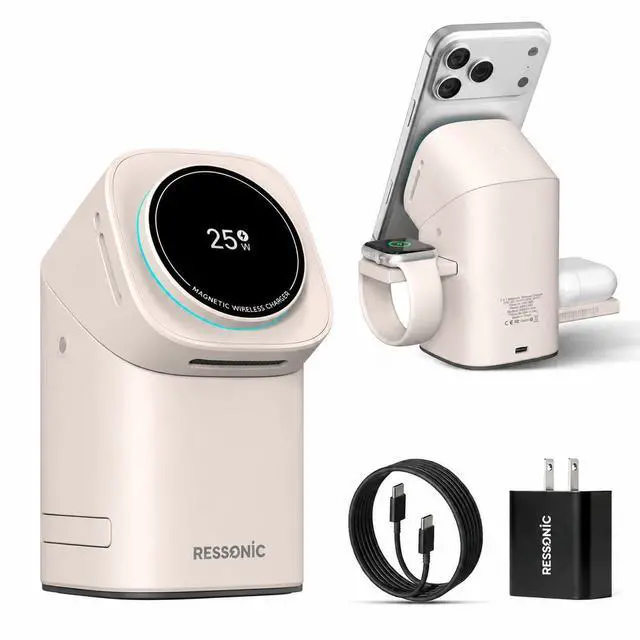 Main image of 3 in 1 Wireless Charging Station for Apple & Samsung, 25W Fast Magnetic Wireless Charger Stand for Magsafe iPhone 17/16/15/14/13/12 Pro Max, Galaxy S25/24/23/22, AirPods, iWatch (with 45W Adapter)