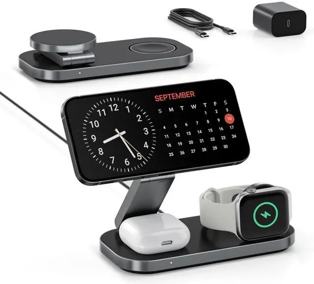 Main image of 3-in-1 Charging Station for Apple Device, Foldable Magnetic Wireless Fast Charger Stand Compatible with MagSafe for iPhone 17e/17/16/15/14/13/12/Air Series, Apple Watch & AirPods-Black