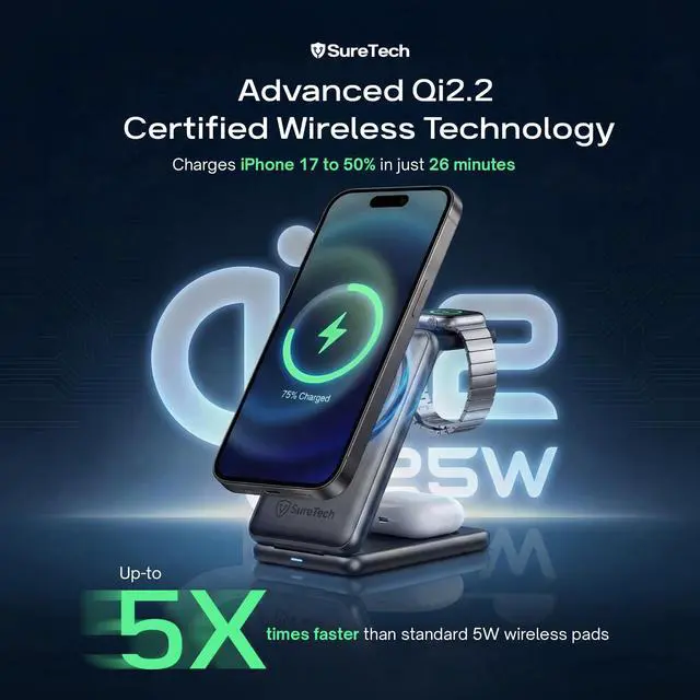 Alt view image 3 of 7 - Qi2.2 Certified 3-in-1 Foldable Wireless Charging Station for Apple Devices with 65W Adapter, 25W Fast Charging Dock, Portable Magnetic Charger for iPhone 17-13, Apple Watch Series & AirPods