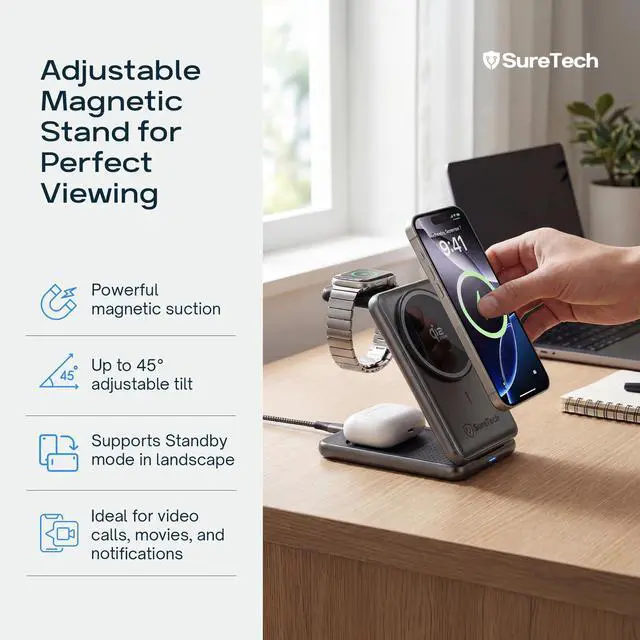 Alt view image 4 of 7 - Qi2.2 Certified 3-in-1 Foldable Wireless Charging Station for Apple Devices with 65W Adapter, 25W Fast Charging Dock, Portable Magnetic Charger for iPhone 17-13, Apple Watch Series & AirPods