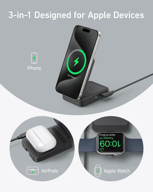 Alt view image 5 of 6 - MagGo 3-in-1 MagSafe Compatible Qi2 15W Foldable Charging Station