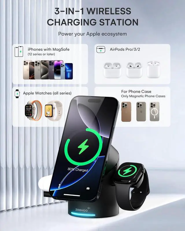 Alt view image 4 of 7 - 3 in 1 Charging Station for Apple Devices, Mag-Safe Charger Stand, Qi2 15W Auto-Rotating Wireless Charger for iPhone 17 16/15/14/13/12 Series& AirPods& iWatch(Black)