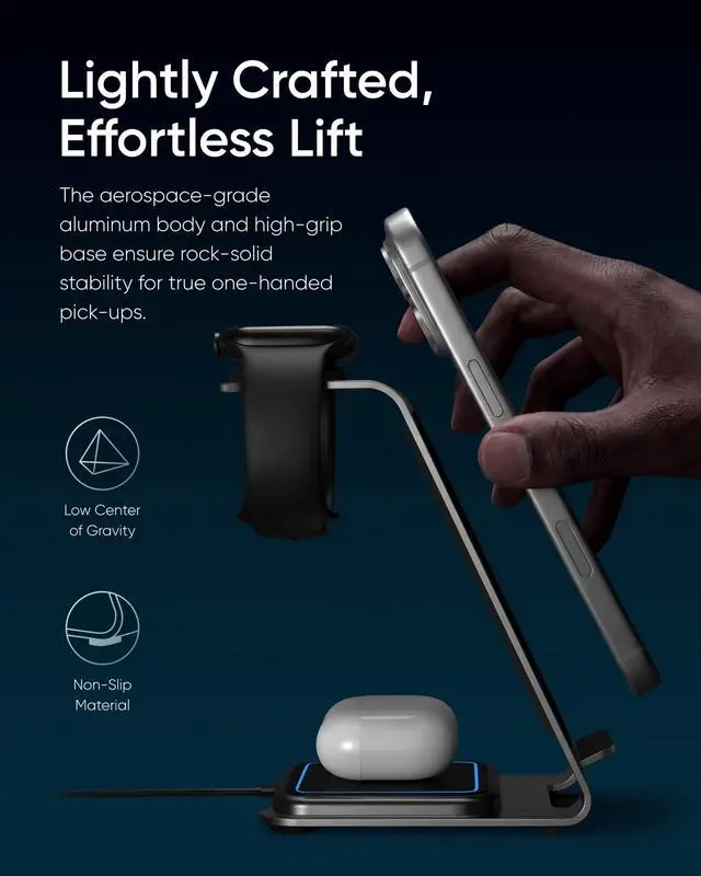 Alt view image 4 of 7 - Aluminum 3 in 1 Wireless Charging Station for iPhone 17 16 15 14 13 12 11 Pro Max XR, Wireless Charger for Apple Watch 11 10 9 8 7 Ultra SE 3 2, Phone Charger for AirPods 4 Pro 2 3 (Grey)