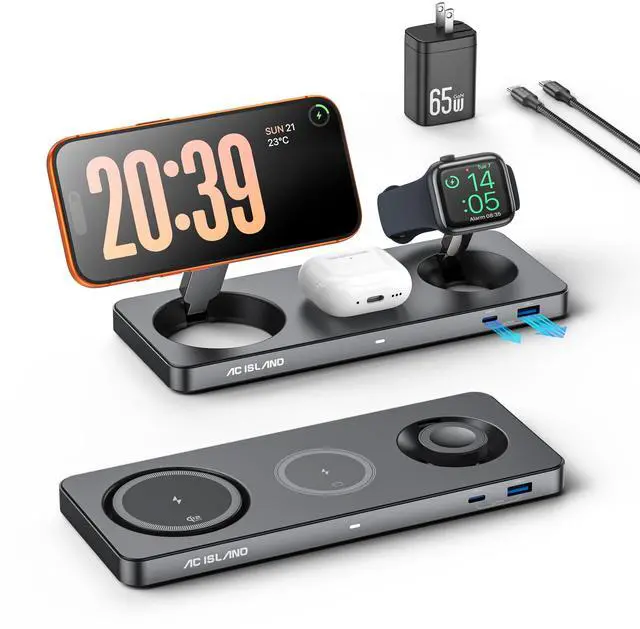 Main image of 5-in-1 Wireless Charger for MagSafe, 25W Foldable Magnetic Stand, Qi2.2 Travel Charging Station for iPhone 17-12 & Air Series, Apple Watch, AirPods, with 65W GaN Adapter