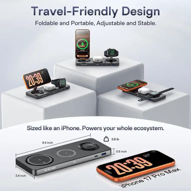 Alt view image 5 of 7 - 5-in-1 Wireless Charger for MagSafe, 25W Foldable Magnetic Stand, Qi2.2 Travel Charging Station for iPhone 17-12 & Air Series, Apple Watch, AirPods, with 65W GaN Adapter
