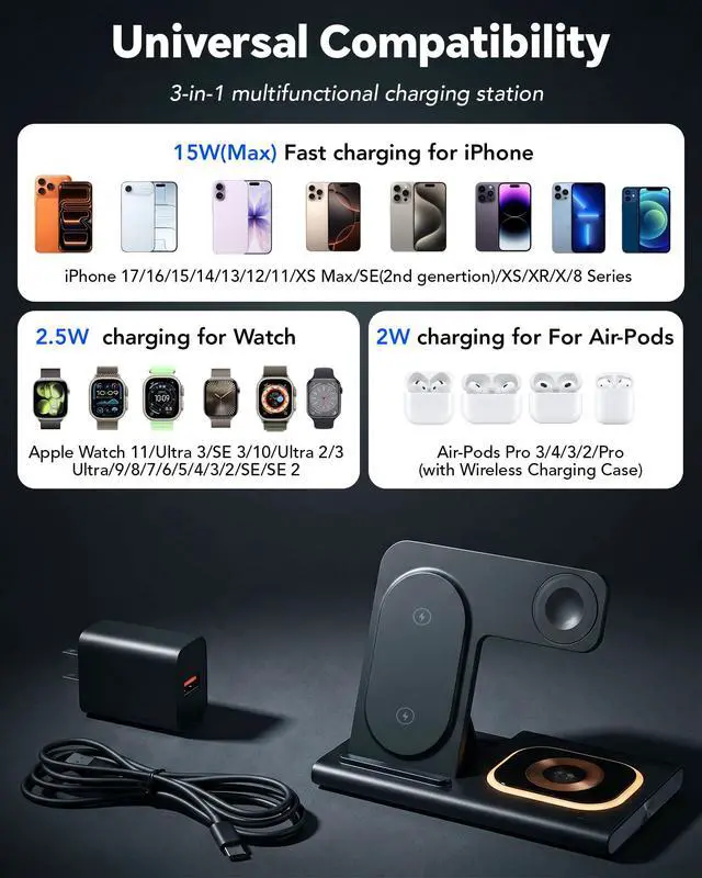 Alt view image 2 of 7 - 3 in 1 Charging Station for iPhone 17 - Wireless Charger for Apple Devices for iPhone 17 16 15 14 13 12 11 Pro Max - Foldable Wireless Charging Station Dock Stand for Apple Watch Series & AirPods
