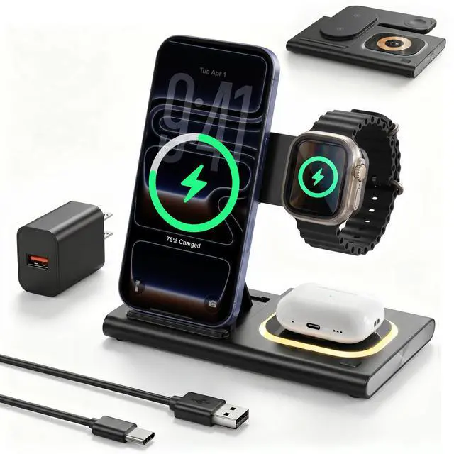Main image of 3 in 1 Charging Station for iPhone 17 - Wireless Charger for Apple Devices for iPhone 17 16 15 14 13 12 11 Pro Max - Foldable Wireless Charging Station Dock Stand for Apple Watch Series & AirPods