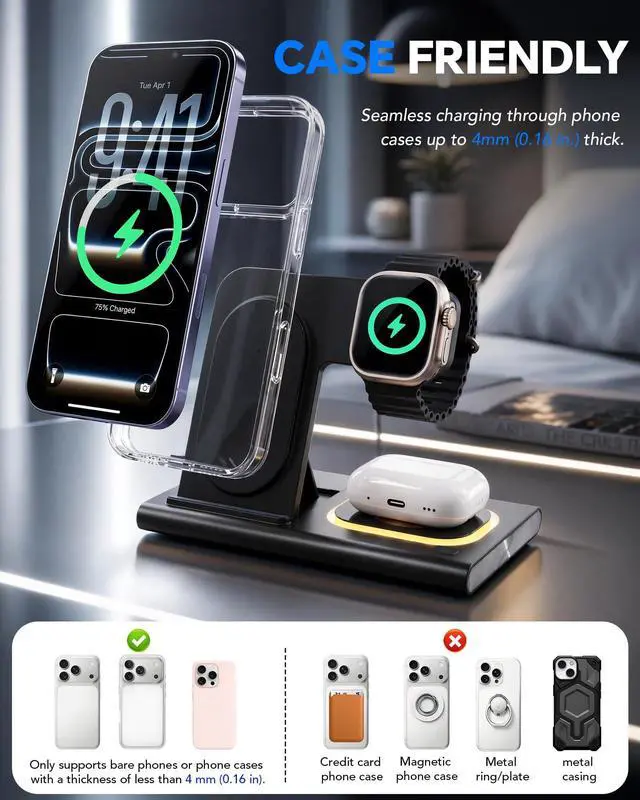 Alt view image 4 of 7 - 3 in 1 Charging Station for iPhone 17 - Wireless Charger for Apple Devices for iPhone 17 16 15 14 13 12 11 Pro Max - Foldable Wireless Charging Station Dock Stand for Apple Watch Series & AirPods