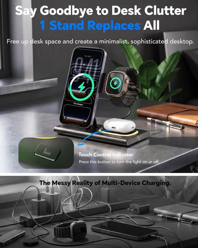 Alt view image 7 of 7 - 3 in 1 Charging Station for iPhone 17 - Wireless Charger for Apple Devices for iPhone 17 16 15 14 13 12 11 Pro Max - Foldable Wireless Charging Station Dock Stand for Apple Watch Series & AirPods