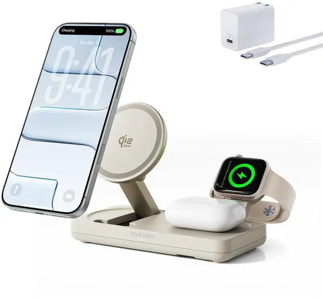 Main image of 3 in 1 Qi2 Wireless Charging Station, 25W Magnetic Charger with MFi-Certified Apple Watch Module for iPhone 17/16/15/14/13/12, AirPods, Pixel 10 Pro XL, 45W Adapter