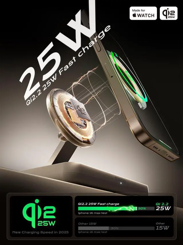 Alt view image 2 of 7 - 3 in 1 Qi2 Wireless Charging Station, 25W Magnetic Charger with MFi-Certified Apple Watch Module for iPhone 17/16/15/14/13/12, AirPods, Pixel 10 Pro XL, 45W Adapter
