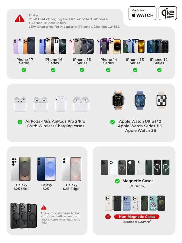 Alt view image 6 of 7 - 3 in 1 Qi2 Wireless Charging Station, 25W Magnetic Charger with MFi-Certified Apple Watch Module for iPhone 17/16/15/14/13/12, AirPods, Pixel 10 Pro XL, 45W Adapter