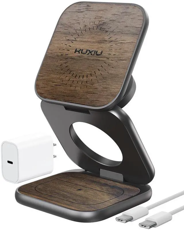 Main image of Qi2.2 25W Magnetic Wireless Charger, Foldable 3 in 1 Travel Charging Station for iPhone 17/16/15/14/13/12, 5W for Apple Watch & AirPods, Aluminum Alloy Design, with 45W GaN Adapter, Wood Grain
